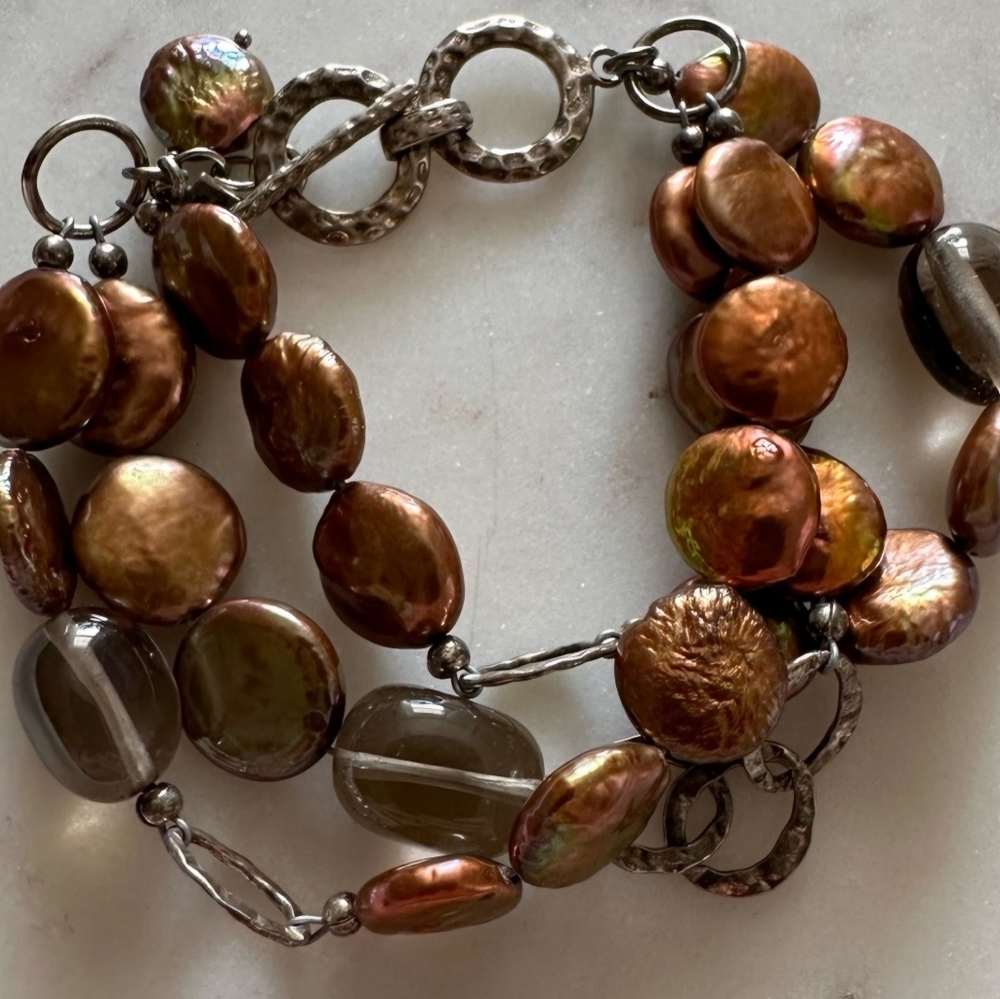 SILPADA multi-strand coin copper and Pearl smoky quartz beaded bracelet